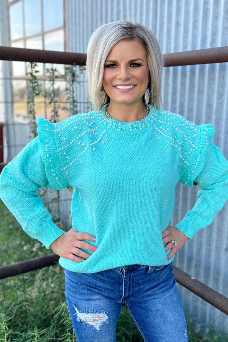 She’s A Class Act Turquoise Pearl Top - Also in Plus Size