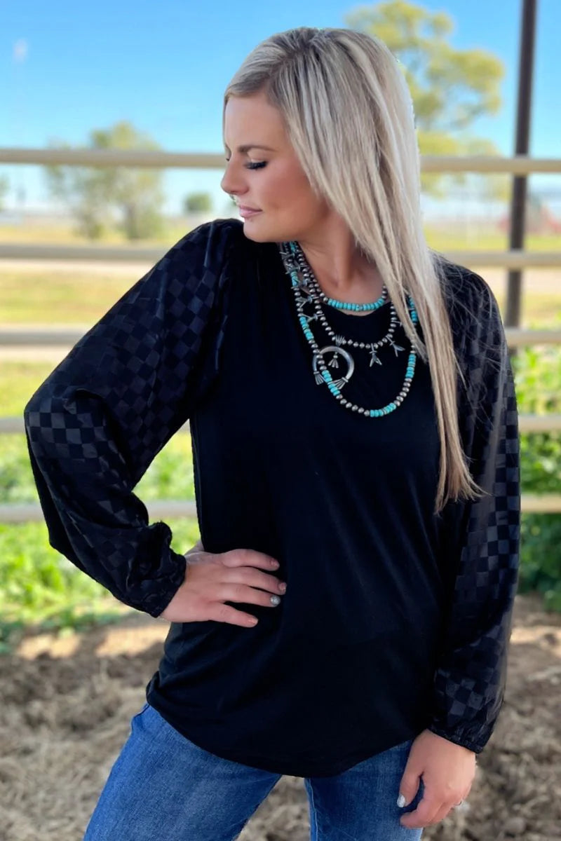 Hempstead checkered Sleeve Black Top - Also in Plus Size