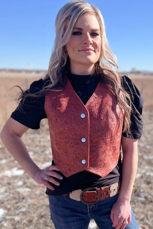 Tooled Leather Look Vest - Also in Plus Size