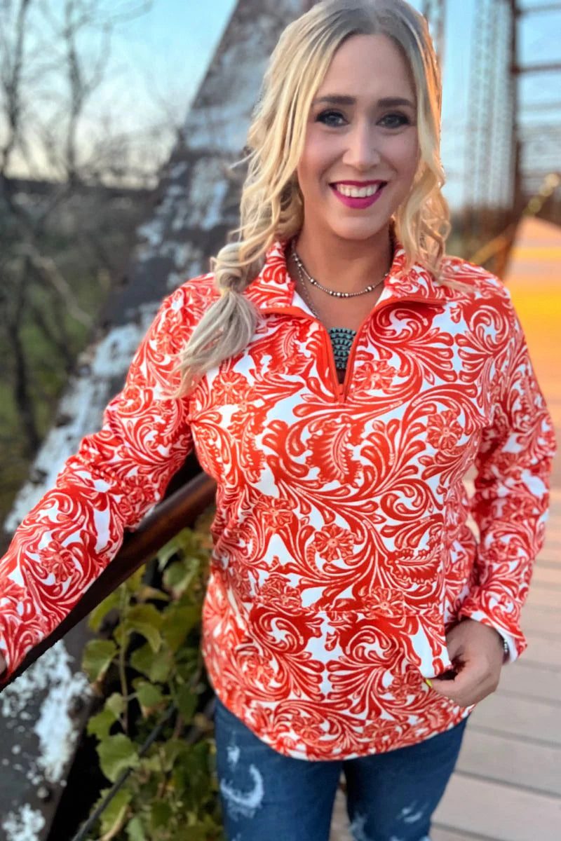 Tailgate White & Orange Tooled Pullover - Also in Plus Size