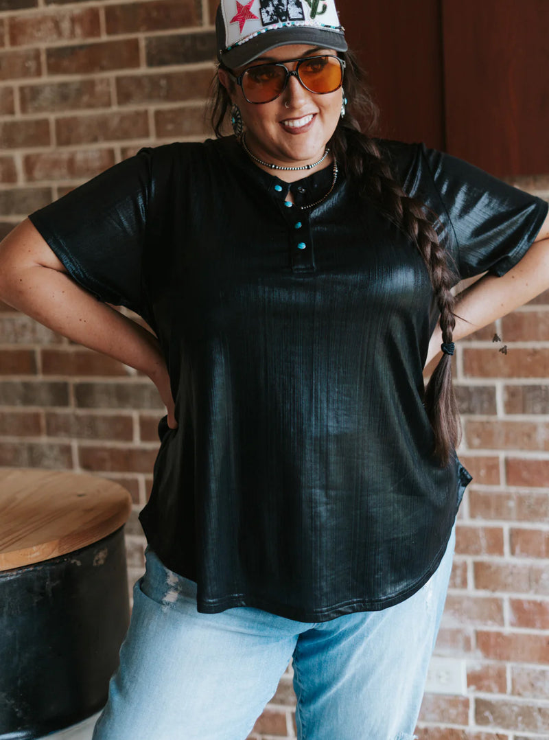 Lamar Black Henley Turquoise Pearl Snap Top - Also in Plus Size