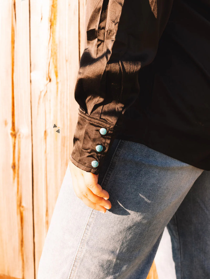 Satin Saddles Black Turquoise Buttons Top - Also in Plus Size