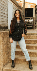 Cattlemen Couture Black Lace Turquoise Buttons Top - Also in Plus Size