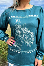 Henrietta Teal Buckstitch Buckin Horse Top - Also in Plus Size