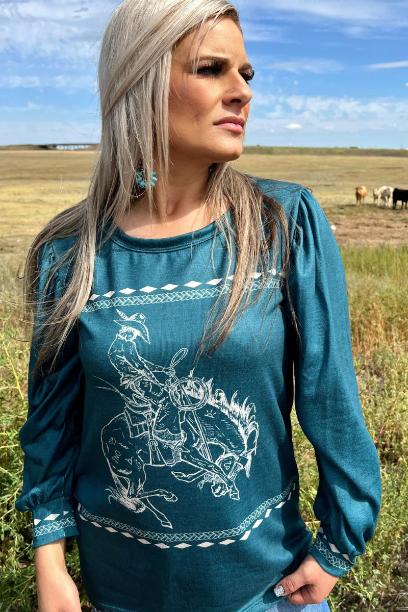 Henrietta Teal Buckstitch Buckin Horse Top - Also in Plus Size