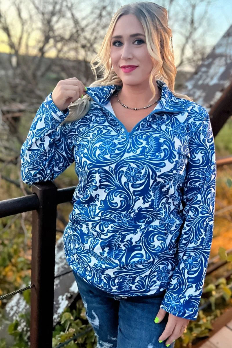 Tailgate Royal Blue &White Tooled Pullover - Also in Plus Size