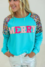 Merry Sequin Turquoise Sweatshirt - Also in Plus Size