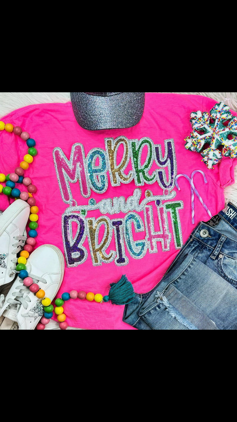 Merry & Bright Sequin Neon  Pink Tee - Also in Plus Size