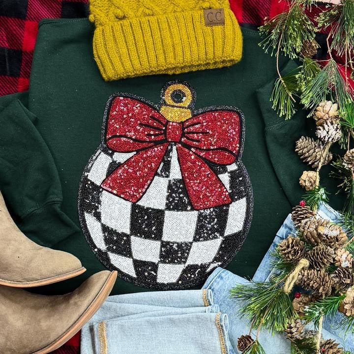 Checkered Ornament Sequin Patch Forest Sweatshirt - Also in Plus Size