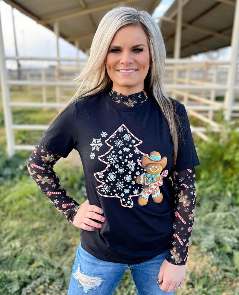 Cowboy Gingerbread Mesh Layering Top - Also in Plus Size