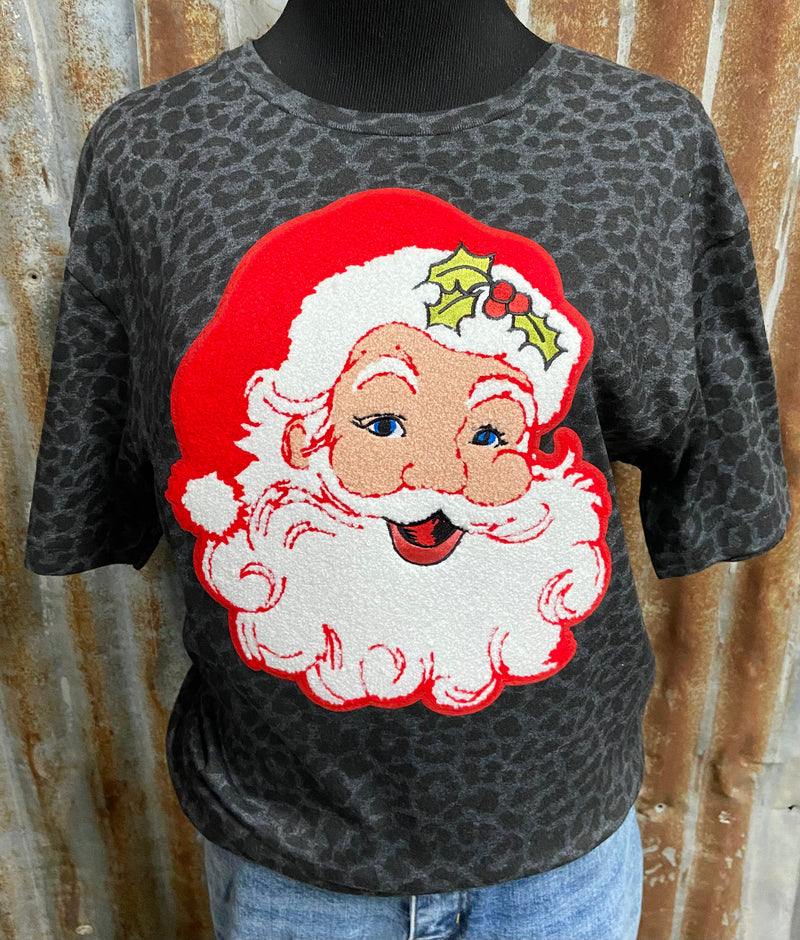 Jolly Santa Chenille Patch on Leopard Tee - Also in Plus Size