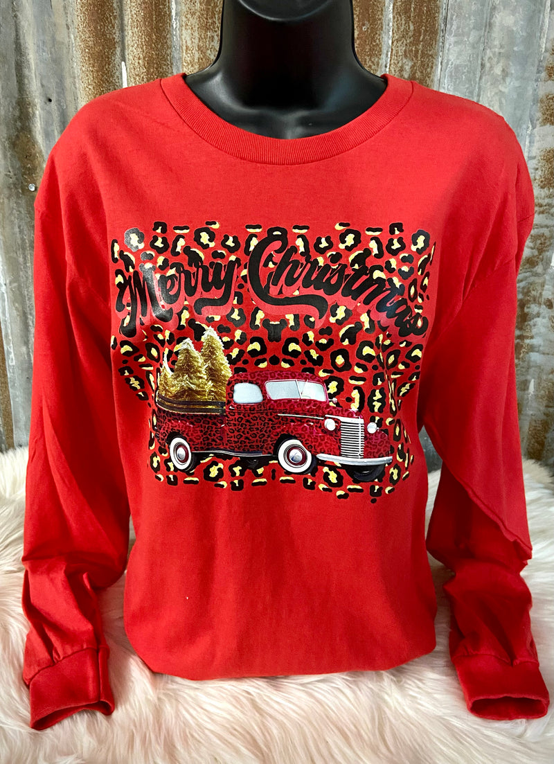 Merry Christmas Leopard Truck on Red Long Sleeve - Also in Plus Size