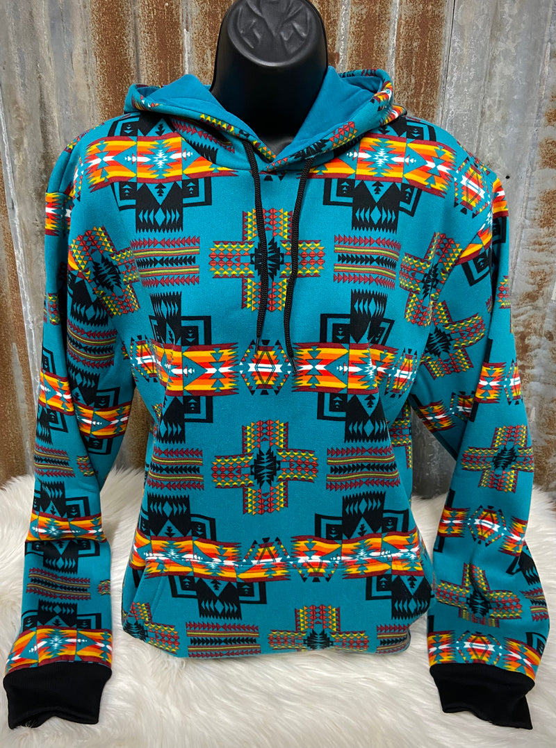 Aspermont Turquoise Aztec Hoodie Top-Also in Plus Size