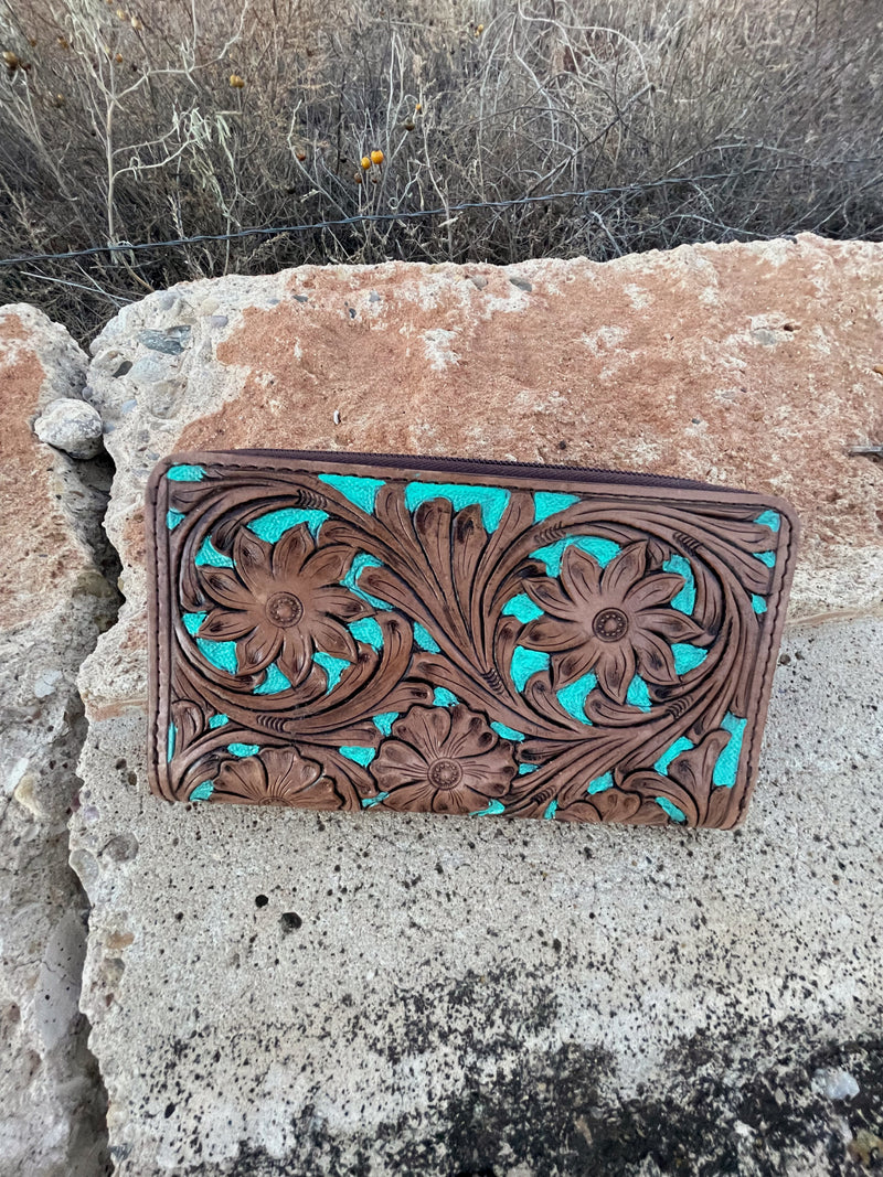 Abilene Leather Tooled Turquoise Wallet