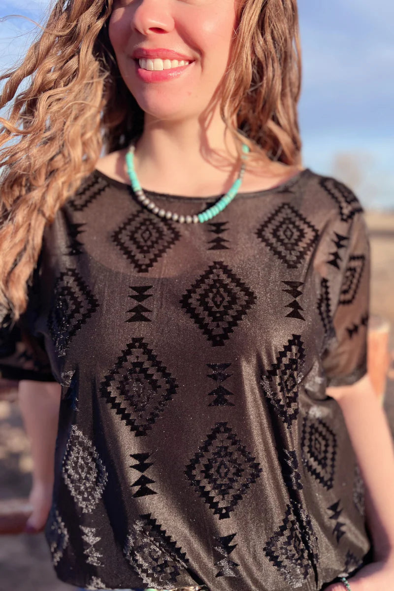 Berlin Black Aztec Mesh Top - Also in Plus Size