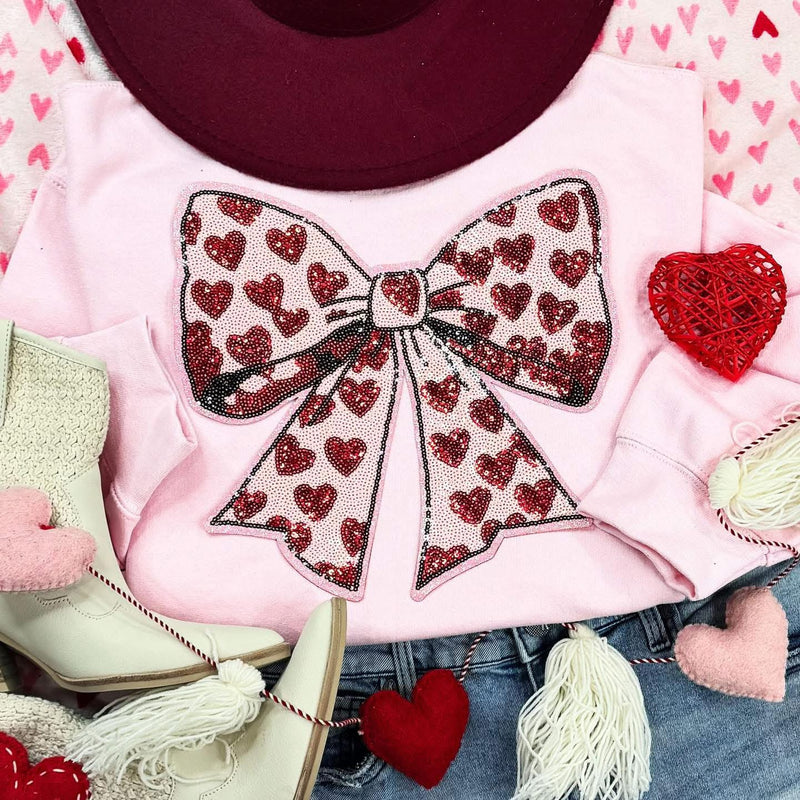 Heart Bow Sequin Patch Pink Sweatshirt - Also in Plus Size