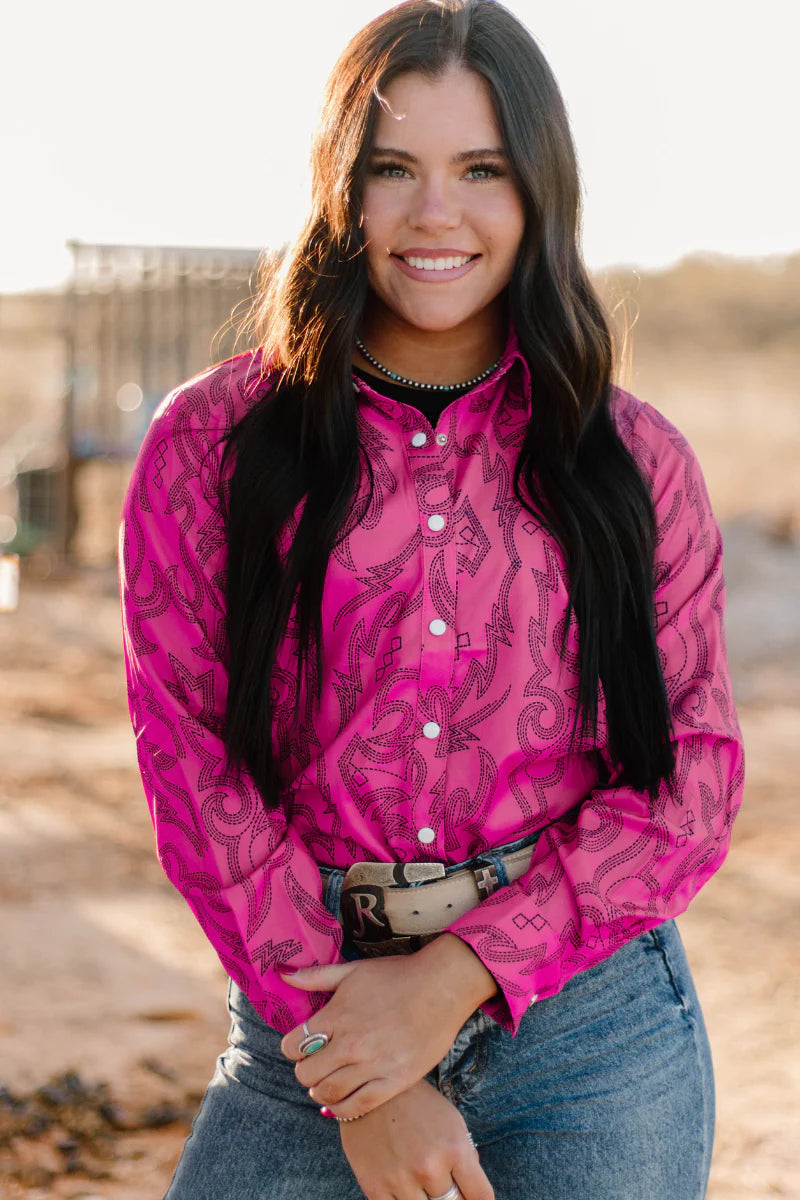 Rodeo Trail Boot Stitch Pearl Snap Button Up Top - Also in Plus Size