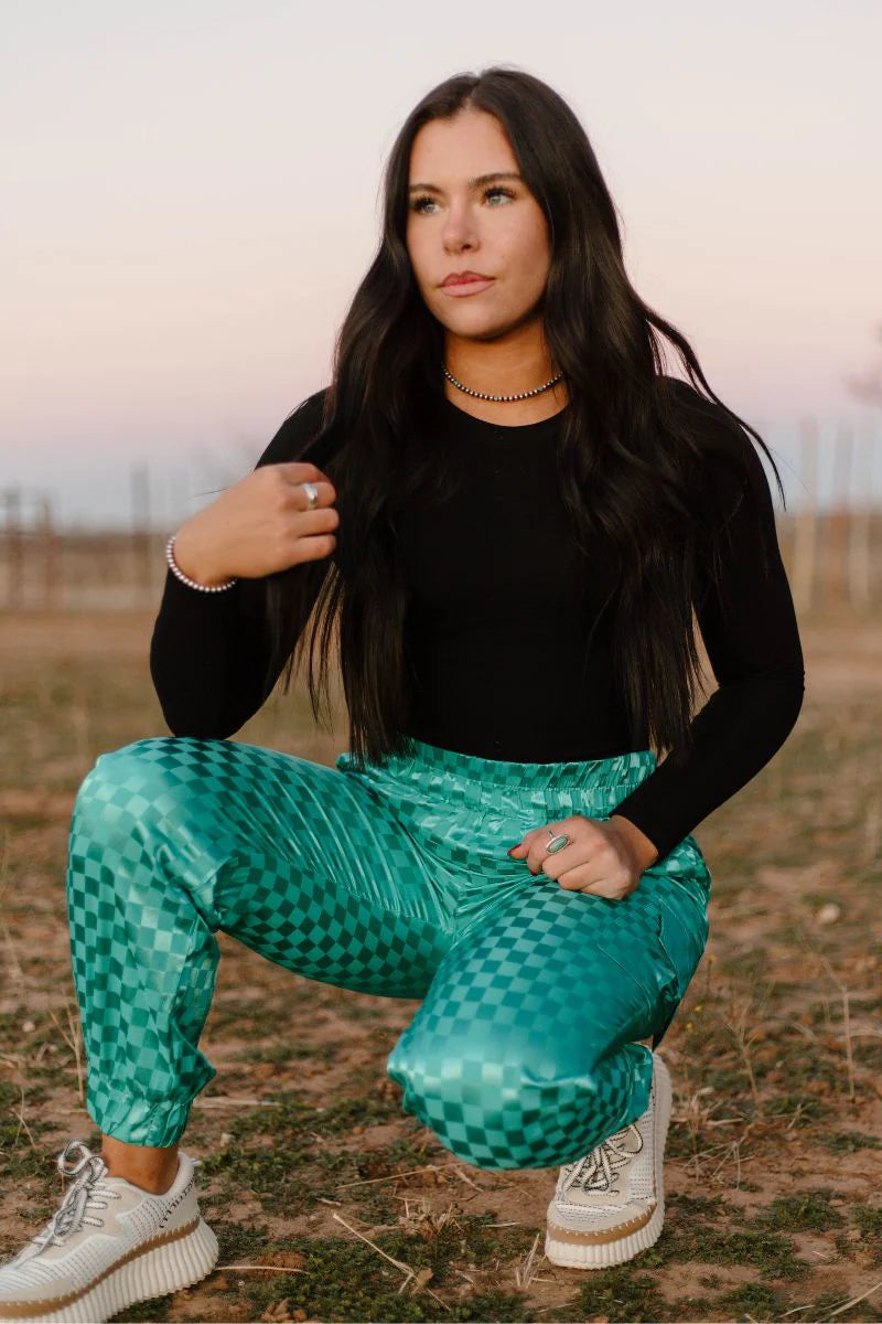 Famous & Saavy Turquoise Checkered Cargo Jogger Pants - Also in Plus Size