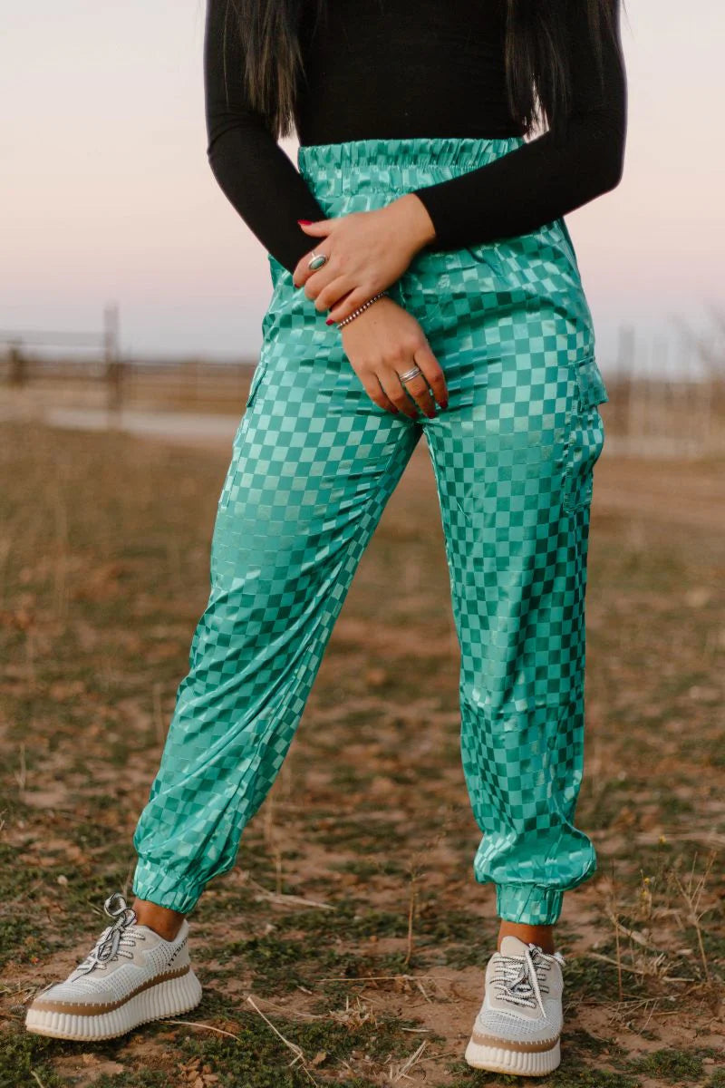 Famous & Saavy Turquoise Checkered Cargo Jogger Pants - Also in Plus Size