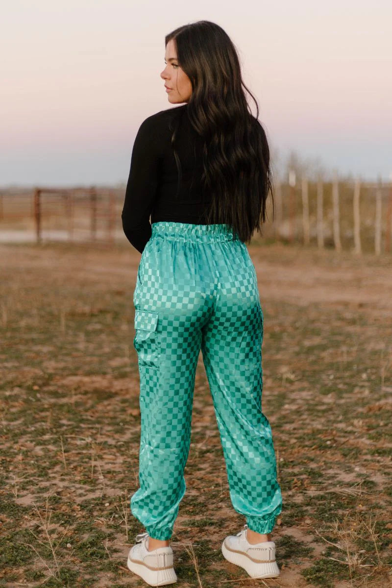 Famous & Saavy Turquoise Checkered Cargo Jogger Pants - Also in Plus Size