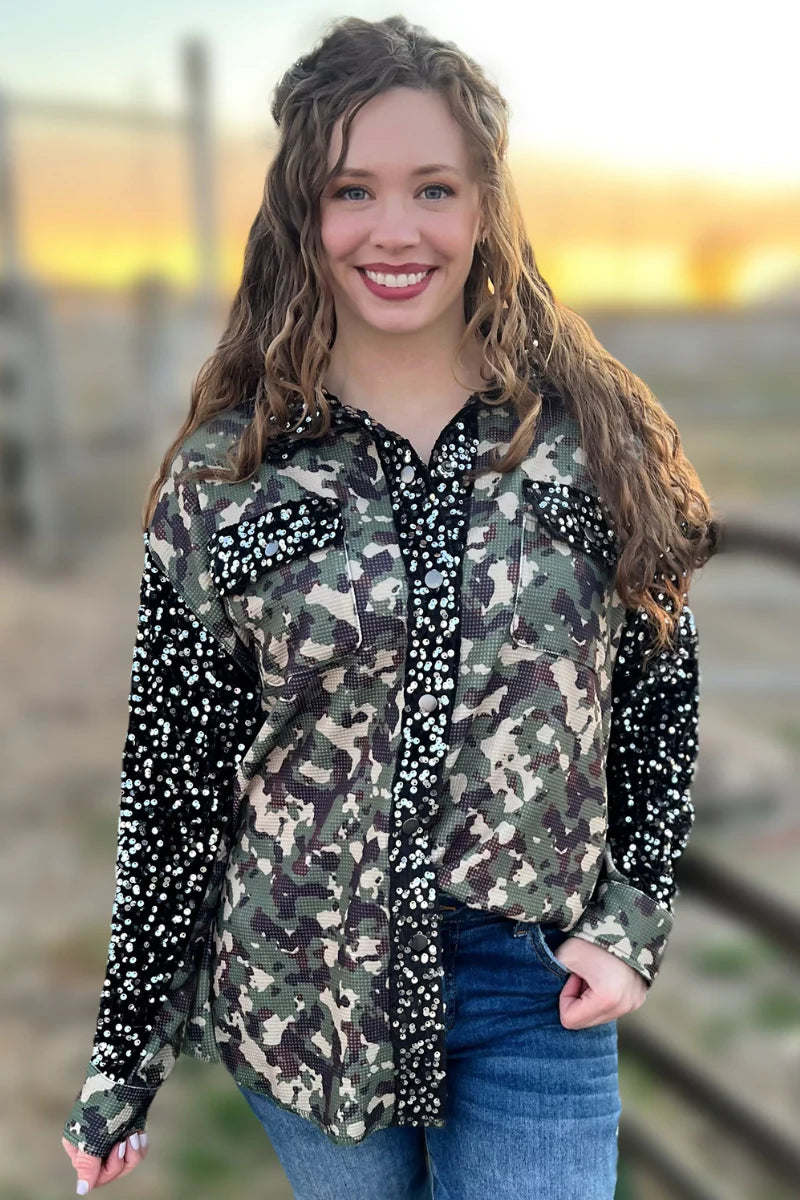 Campfire Camo Sequin Shacket - Also in Plus Size