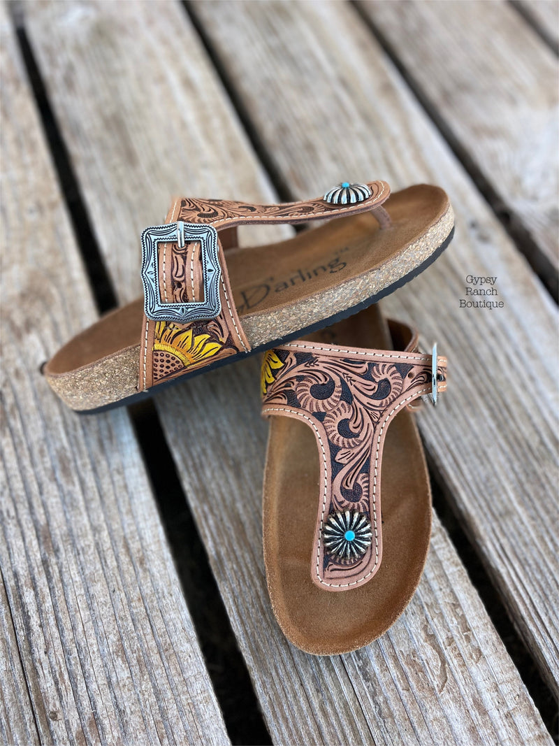 The Sunflower Tooled Leather Flip Flops