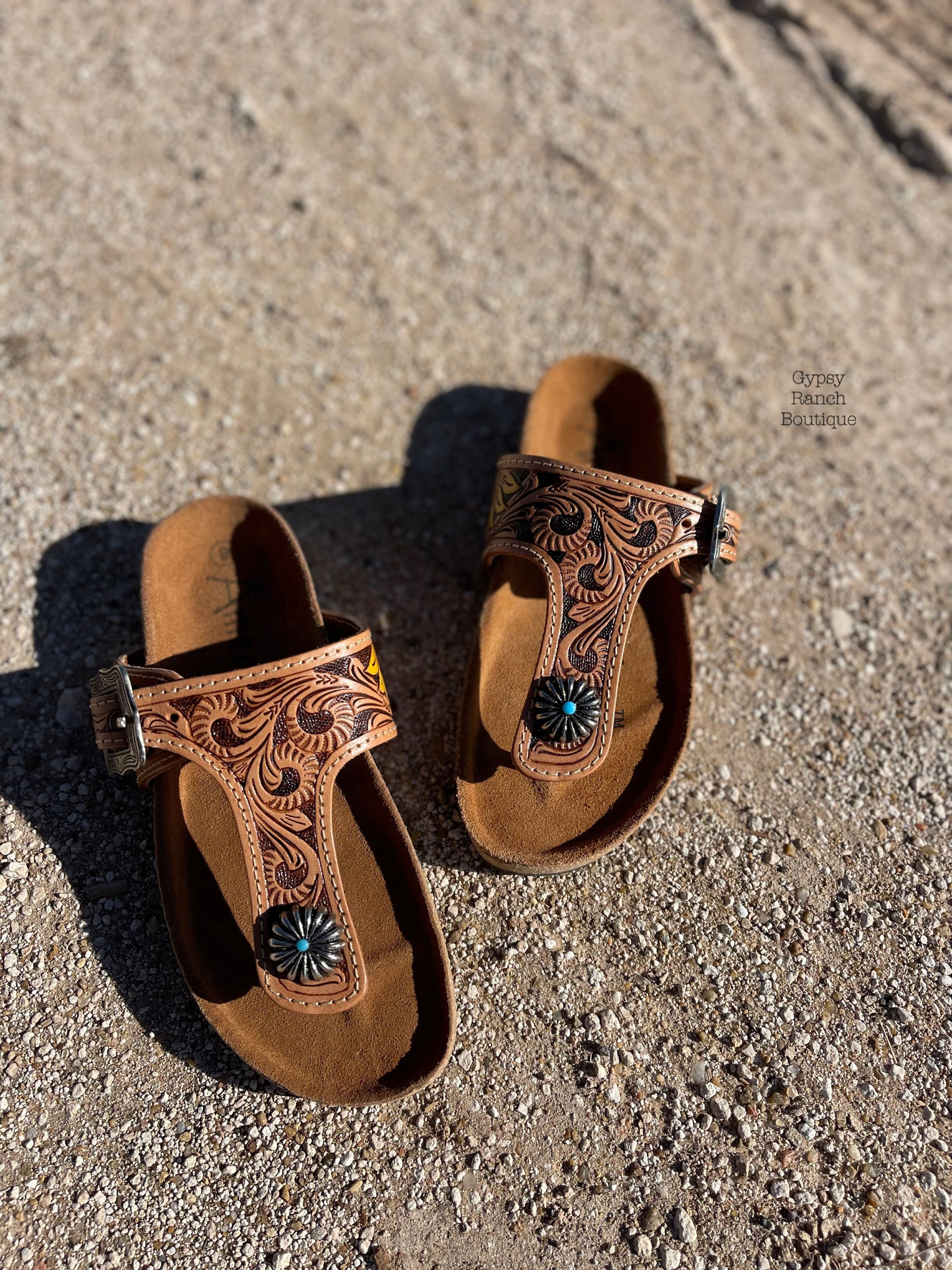 Tooled leather hot sale flip flops