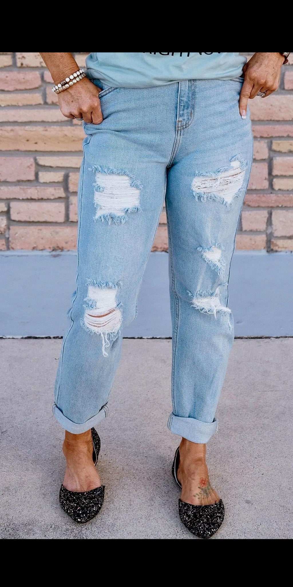 Fashion plus size distressed mom jeans